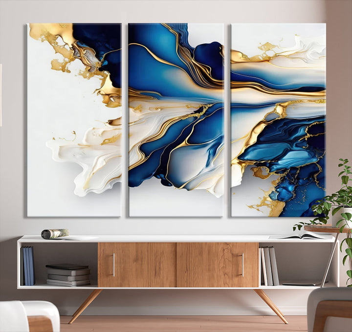 Abstract Blue and Gold Canvas Wall Art Print - Luxurious Modern Abstract Design with Rich Blue and Gold Accents, Ready to Hang Canvas for Living Room