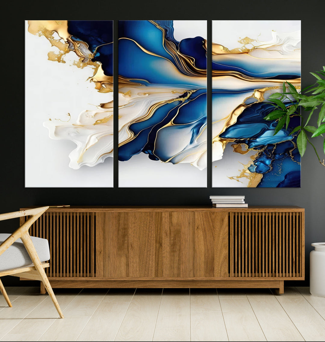 Abstract Blue and Gold Canvas Wall Art Print - Luxurious Modern Abstract Design with Rich Blue and Gold Accents, Ready to Hang Canvas for Living Room