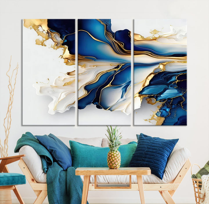 Abstract Blue and Gold Canvas Wall Art Print - Luxurious Modern Abstract Design with Rich Blue and Gold Accents, Ready to Hang Canvas for Living Room