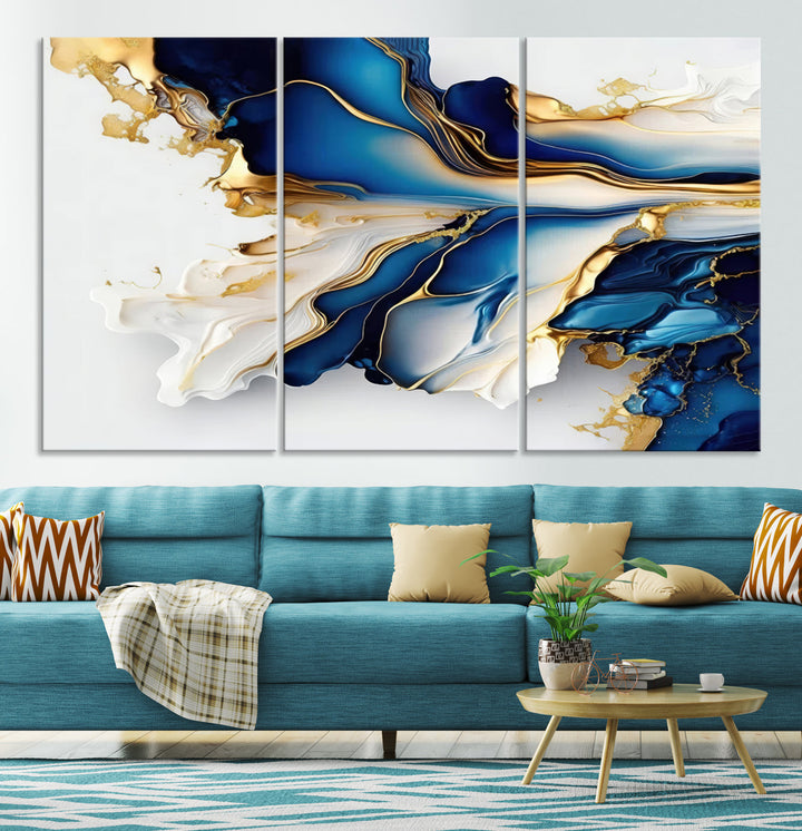 Abstract Blue and Gold Canvas Wall Art Print - Luxurious Modern Abstract Design with Rich Blue and Gold Accents, Ready to Hang Canvas for Living Room