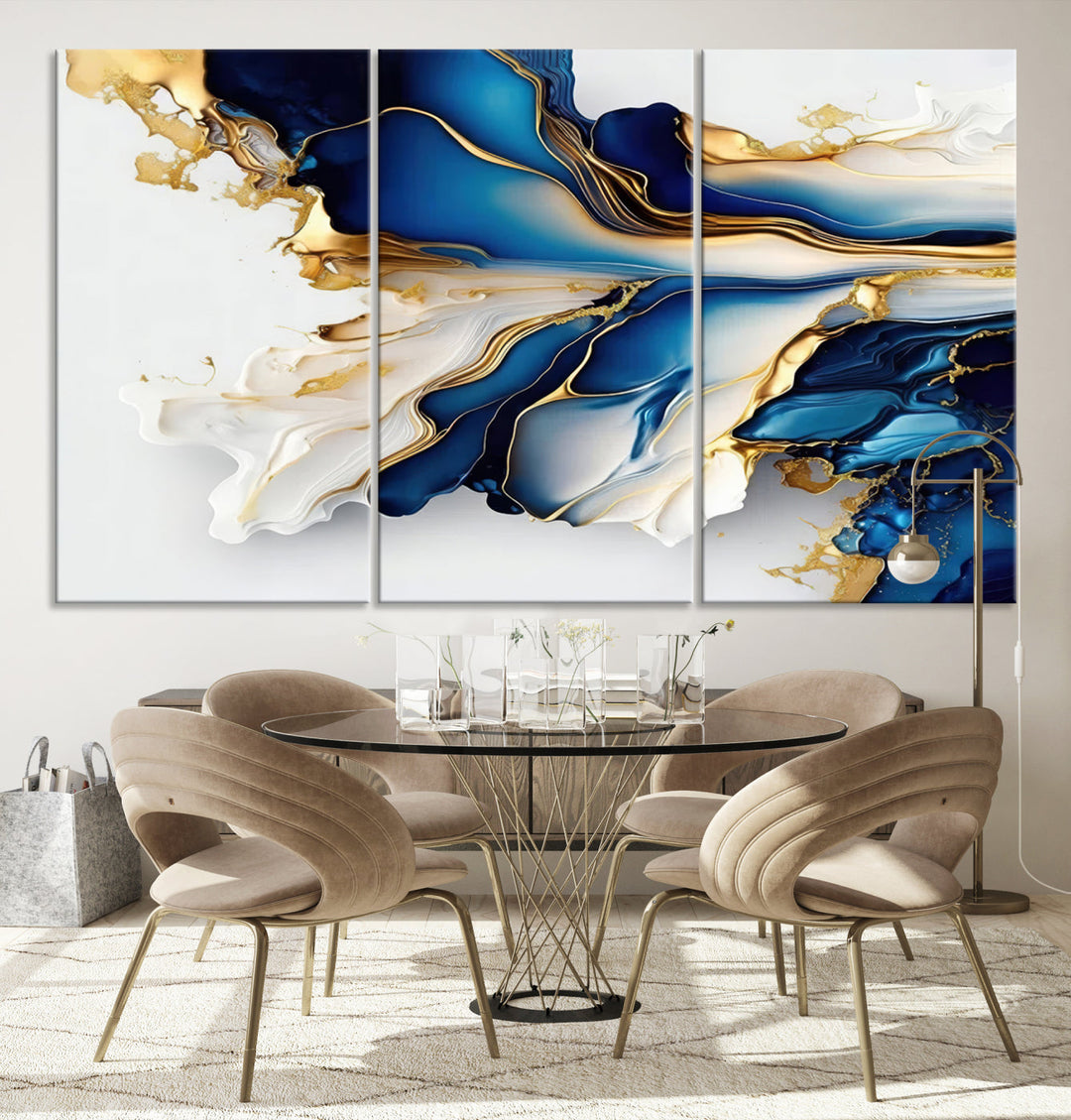 Abstract Blue and Gold Canvas Wall Art Print - Luxurious Modern Abstract Design with Rich Blue and Gold Accents, Ready to Hang Canvas for Living Room