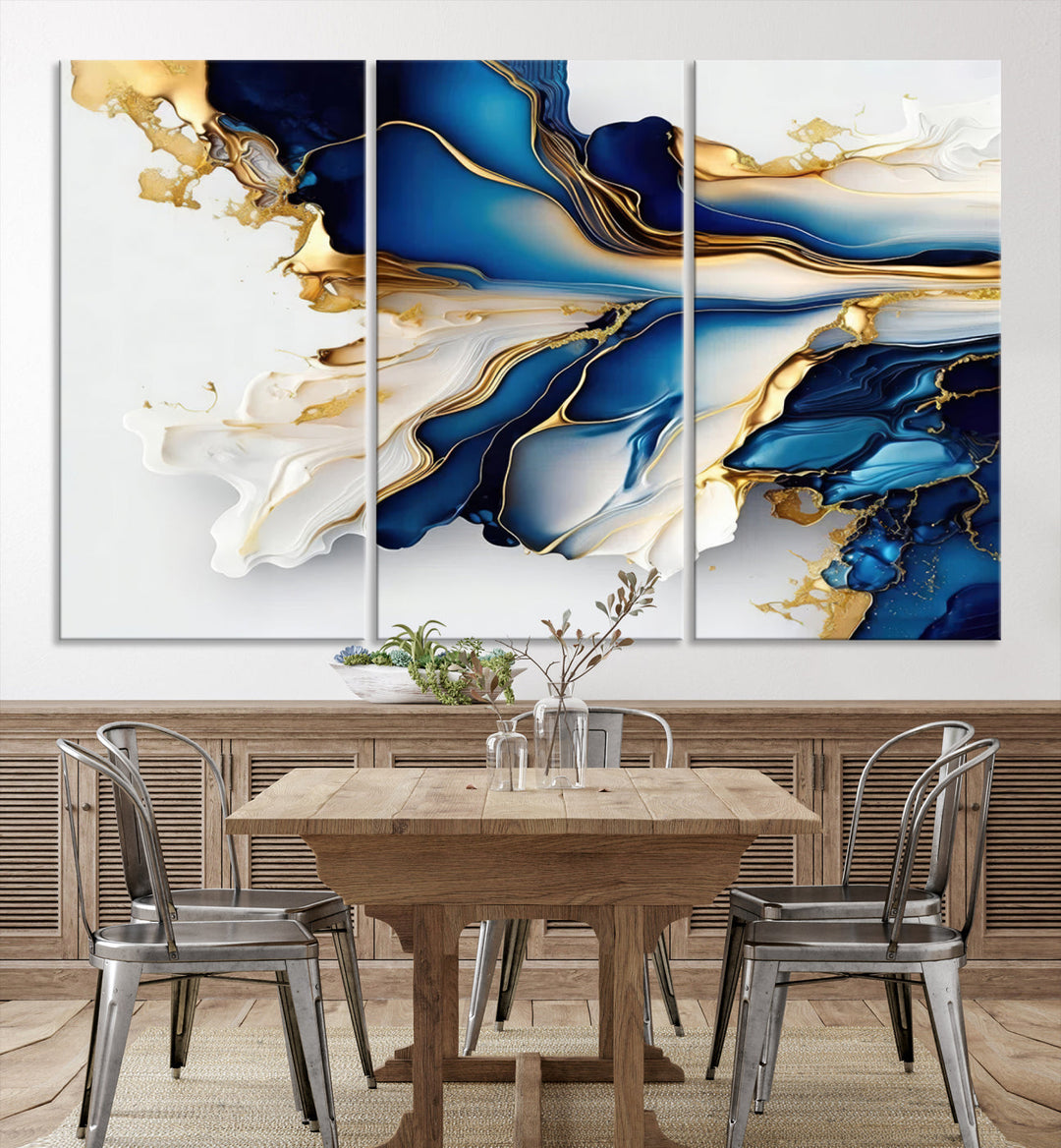 Abstract Blue and Gold Canvas Wall Art Print - Luxurious Modern Abstract Design with Rich Blue and Gold Accents, Ready to Hang Canvas for Living Room