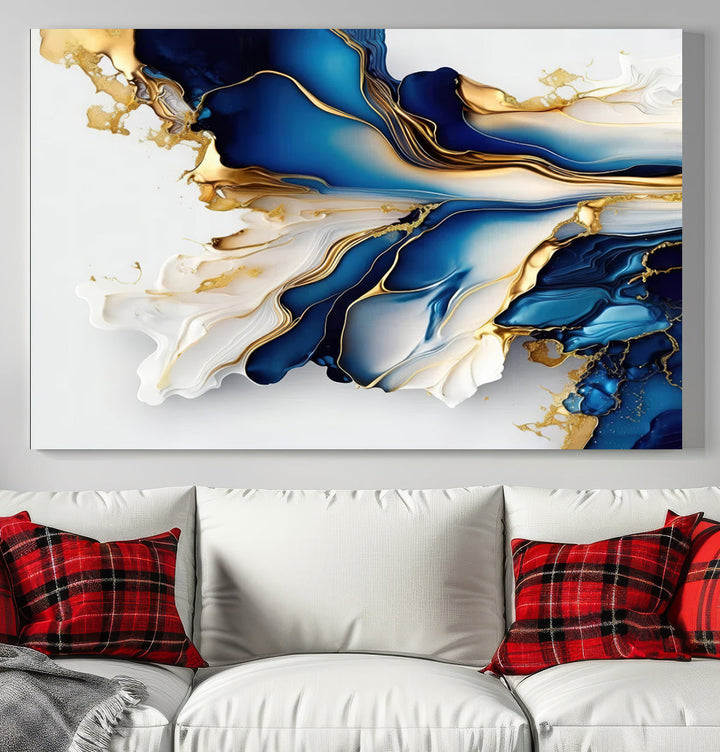 Abstract Blue and Gold Canvas Wall Art Print - Luxurious Modern Abstract Design with Rich Blue and Gold Accents, Ready to Hang Canvas for Living Room