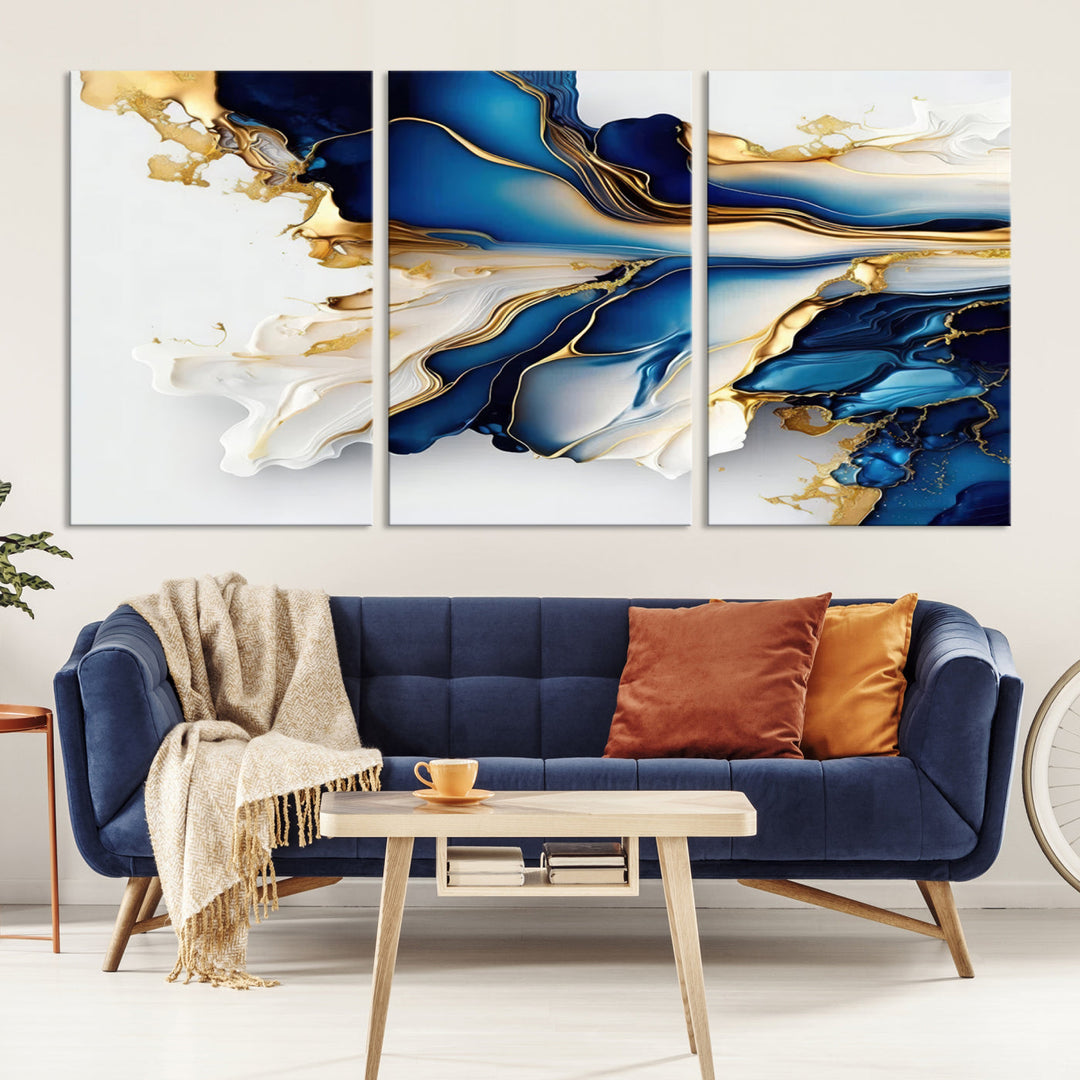 Abstract Blue and Gold Canvas Wall Art Print - Luxurious Modern Abstract Design with Rich Blue and Gold Accents, Ready to Hang Canvas for Living Room