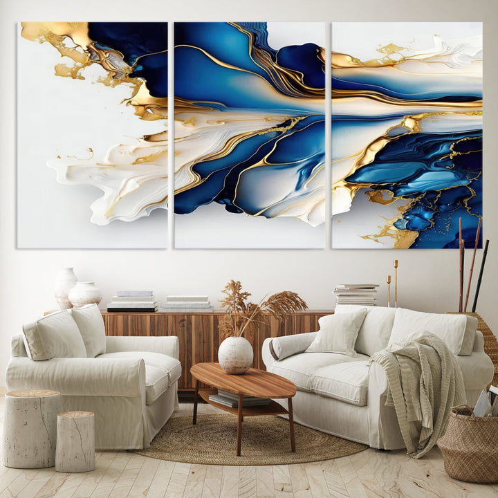 Abstract Blue and Gold Canvas Wall Art Print - Luxurious Modern Abstract Design with Rich Blue and Gold Accents, Ready to Hang Canvas for Living Room