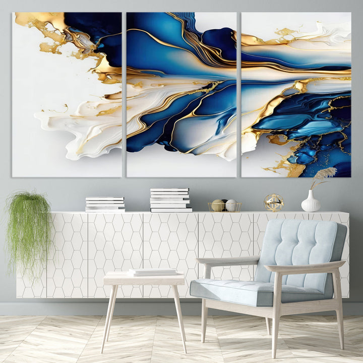 Abstract Blue and Gold Canvas Wall Art Print - Luxurious Modern Abstract Design with Rich Blue and Gold Accents, Ready to Hang Canvas for Living Room