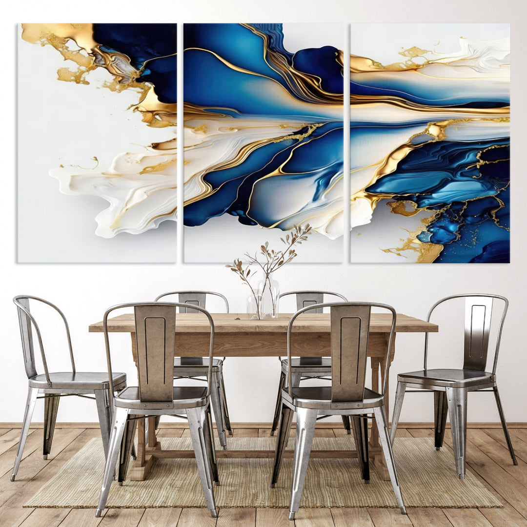 Abstract Blue and Gold Canvas Wall Art Print - Luxurious Modern Abstract Design with Rich Blue and Gold Accents, Ready to Hang Canvas for Living Room