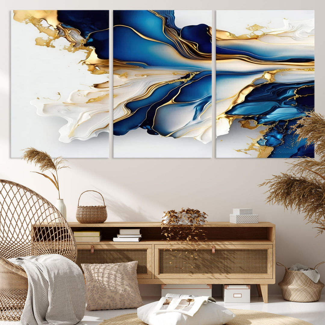 Abstract Blue and Gold Canvas Wall Art Print - Luxurious Modern Abstract Design with Rich Blue and Gold Accents, Ready to Hang Canvas for Living Room