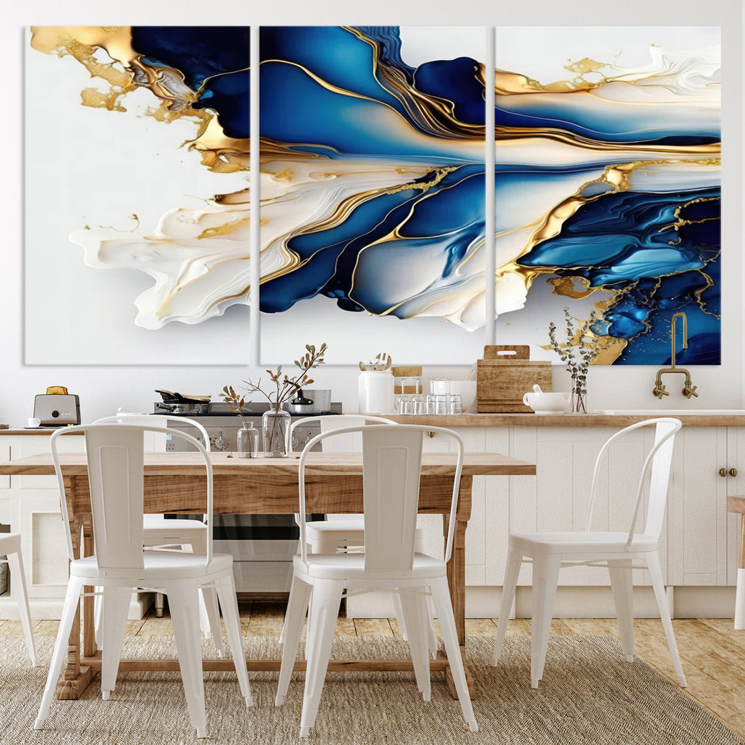 Abstract Blue and Gold Canvas Wall Art Print - Luxurious Modern Abstract Design with Rich Blue and Gold Accents, Ready to Hang Canvas for Living Room