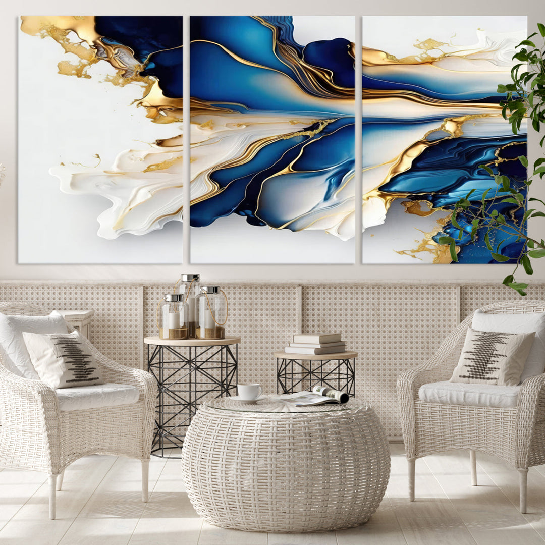 Abstract Blue and Gold Canvas Wall Art Print - Luxurious Modern Abstract Design with Rich Blue and Gold Accents, Ready to Hang Canvas for Living Room