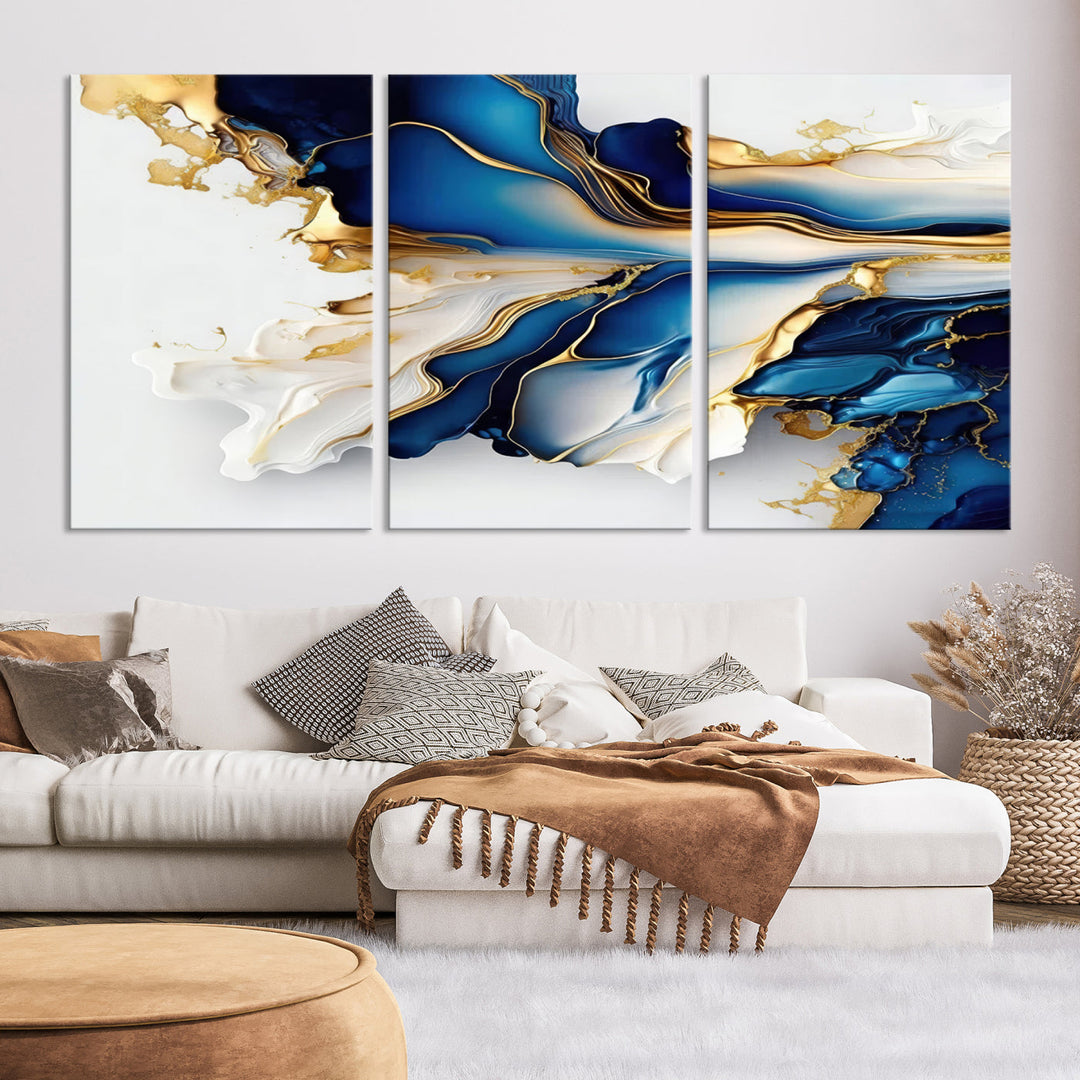 Abstract Blue and Gold Canvas Wall Art Print - Luxurious Modern Abstract Design with Rich Blue and Gold Accents, Ready to Hang Canvas for Living Room