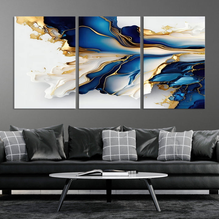 Abstract Blue and Gold Canvas Wall Art Print - Luxurious Modern Abstract Design with Rich Blue and Gold Accents, Ready to Hang Canvas for Living Room