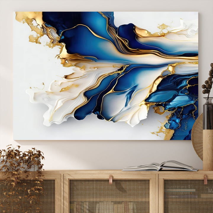 Abstract Blue and Gold Canvas Wall Art Print - Luxurious Modern Abstract Design with Rich Blue and Gold Accents, Ready to Hang Canvas for Living Room