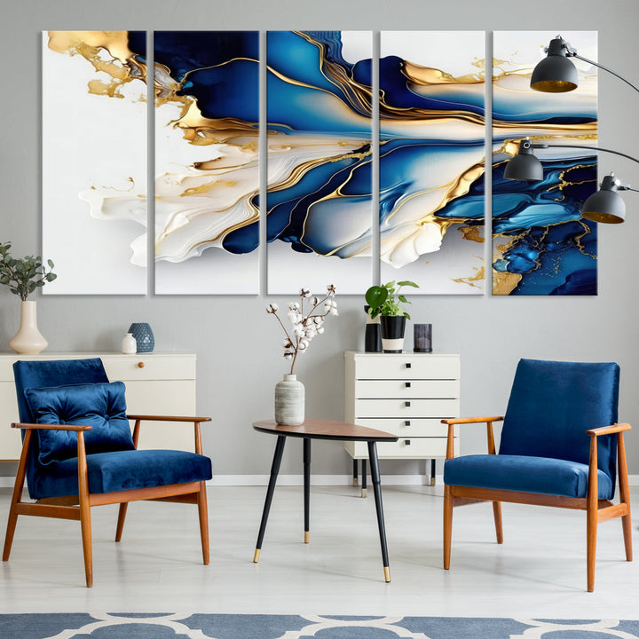 Abstract Blue and Gold Canvas Wall Art Print - Luxurious Modern Abstract Design with Rich Blue and Gold Accents, Ready to Hang Canvas for Living Room