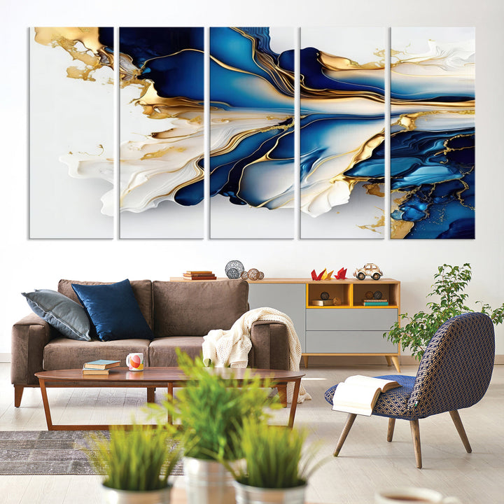 Abstract Blue and Gold Canvas Wall Art Print - Luxurious Modern Abstract Design with Rich Blue and Gold Accents, Ready to Hang Canvas for Living Room