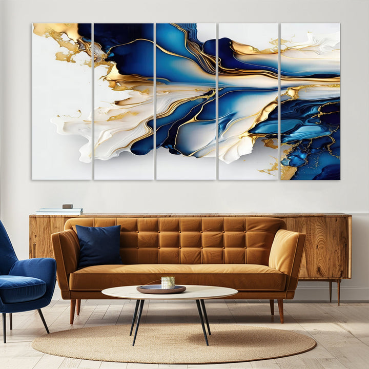 Abstract Blue and Gold Canvas Wall Art Print - Luxurious Modern Abstract Design with Rich Blue and Gold Accents, Ready to Hang Canvas for Living Room