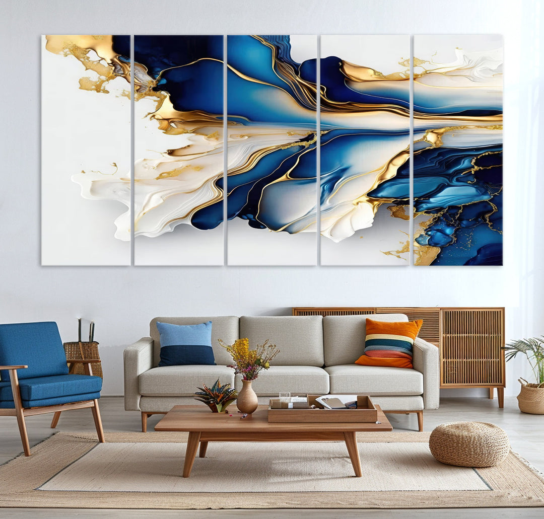 Abstract Blue and Gold Canvas Wall Art Print - Luxurious Modern Abstract Design with Rich Blue and Gold Accents, Ready to Hang Canvas for Living Room