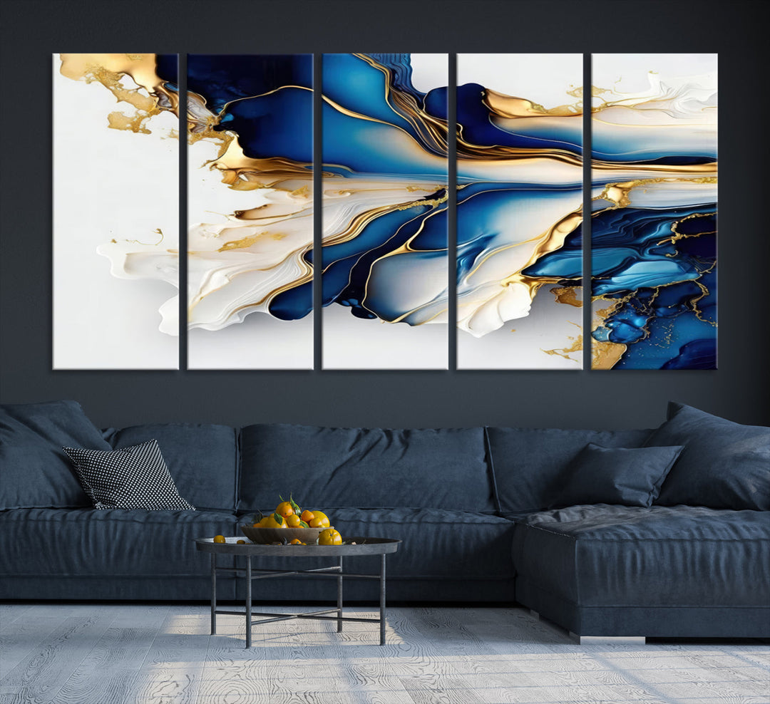 Abstract Blue and Gold Canvas Wall Art Print - Luxurious Modern Abstract Design with Rich Blue and Gold Accents, Ready to Hang Canvas for Living Room