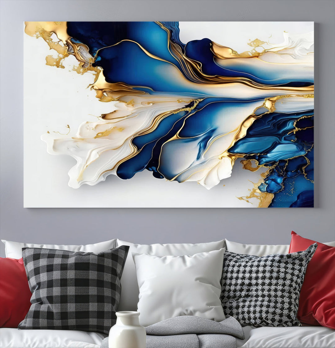 Abstract Blue and Gold Canvas Wall Art Print - Luxurious Modern Abstract Design with Rich Blue and Gold Accents, Ready to Hang Canvas for Living Room