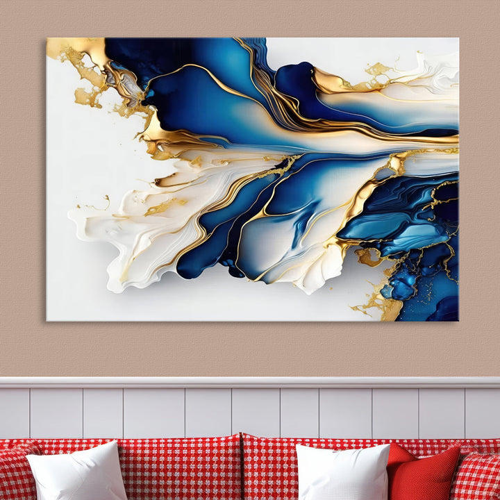 Abstract Blue and Gold Canvas Wall Art Print - Luxurious Modern Abstract Design with Rich Blue and Gold Accents, Ready to Hang Canvas for Living Room