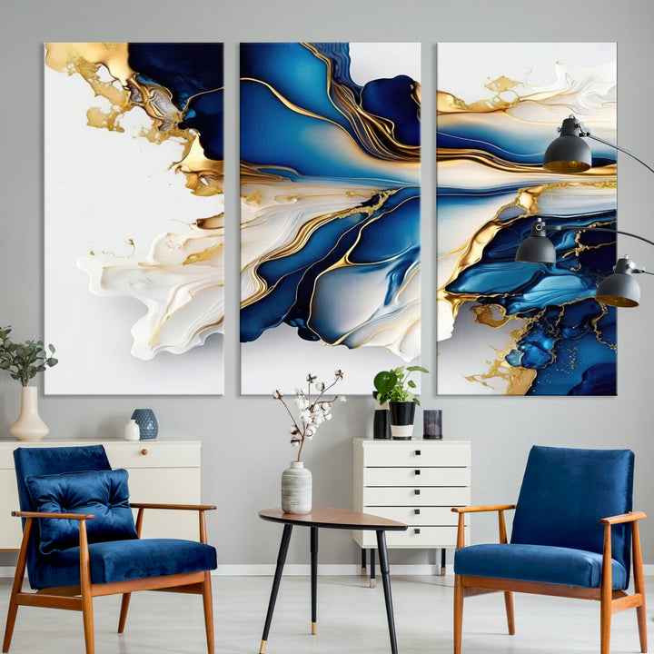 Abstract Blue and Gold Canvas Wall Art Print - Luxurious Modern Abstract Design with Rich Blue and Gold Accents, Ready to Hang Canvas for Living Room