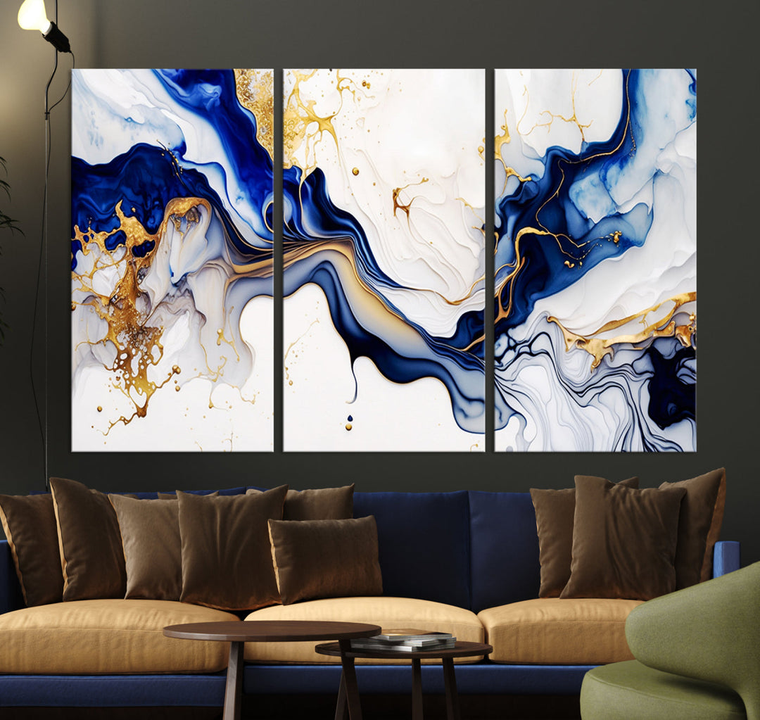 Abstract Blue Gold Marble Shape 3 Pieces Wall Art Canvas Print