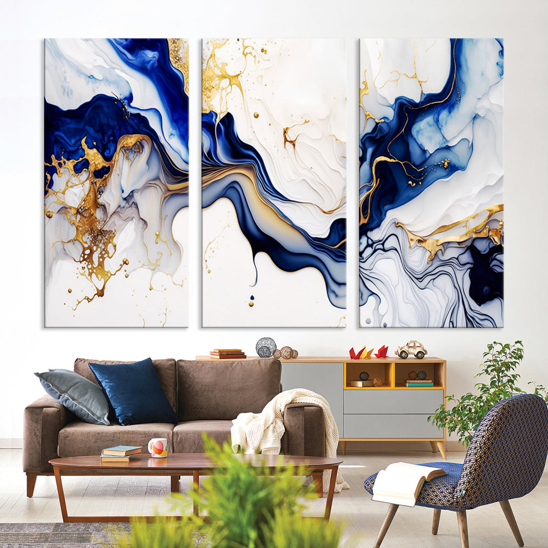 Abstract Blue Gold Marble Shape 3 Pieces Wall Art Canvas Print