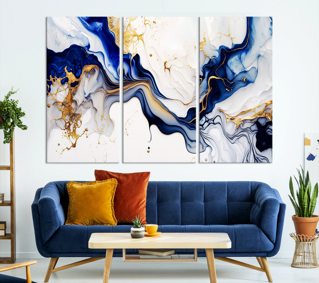 Abstract Blue Gold Marble Shape 3 Pieces Wall Art Canvas Print