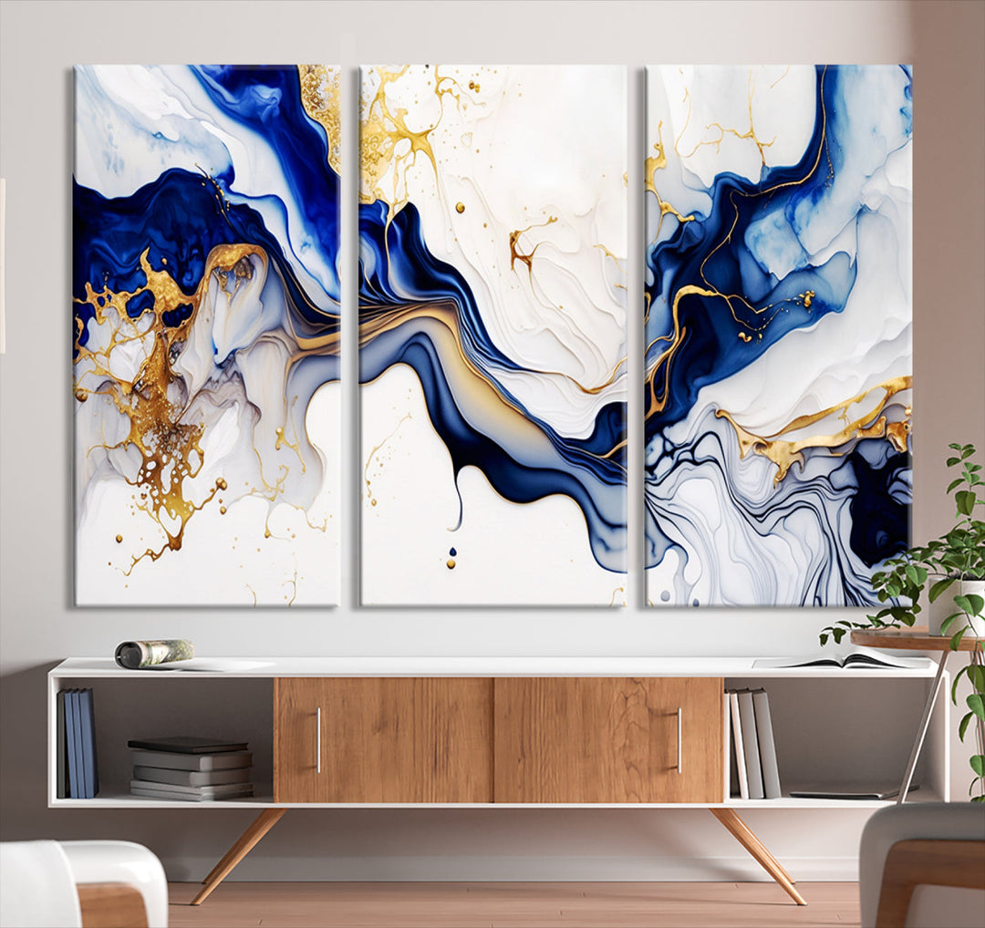 Abstract Blue Gold Marble Shape 3 Pieces Wall Art Canvas Print