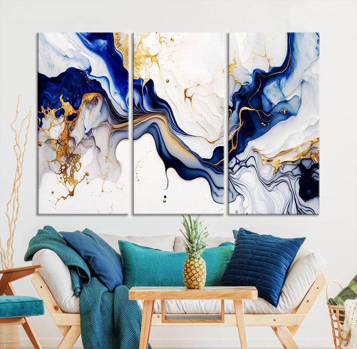 Abstract Blue Gold Marble Shape 3 Pieces Wall Art Canvas Print