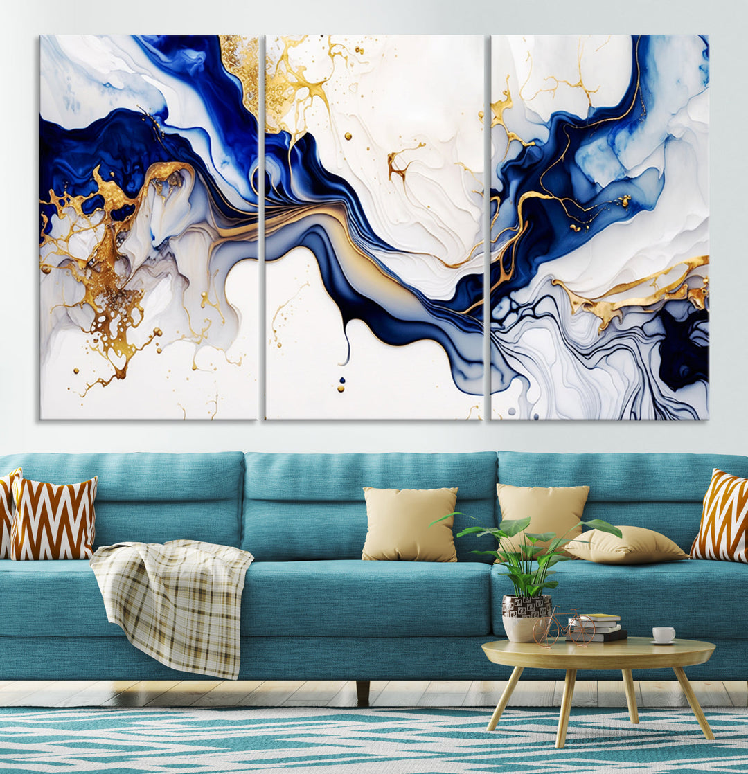 Abstract Blue Gold Marble Shape 3 Pieces Wall Art Canvas Print