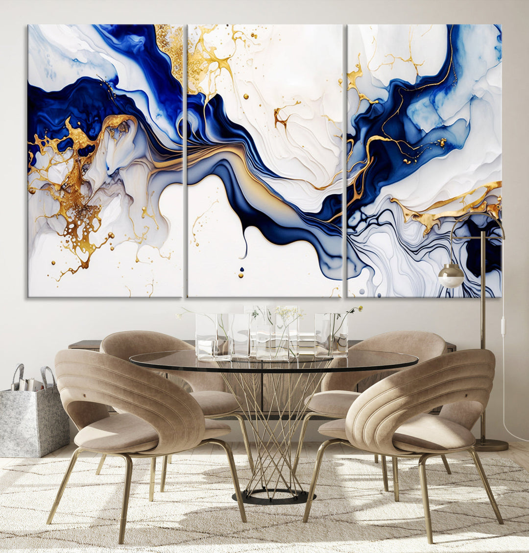 Abstract Blue Gold Marble Shape 3 Pieces Wall Art Canvas Print