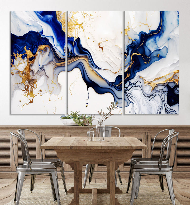 Abstract Blue Gold Marble Shape 3 Pieces Wall Art Canvas Print