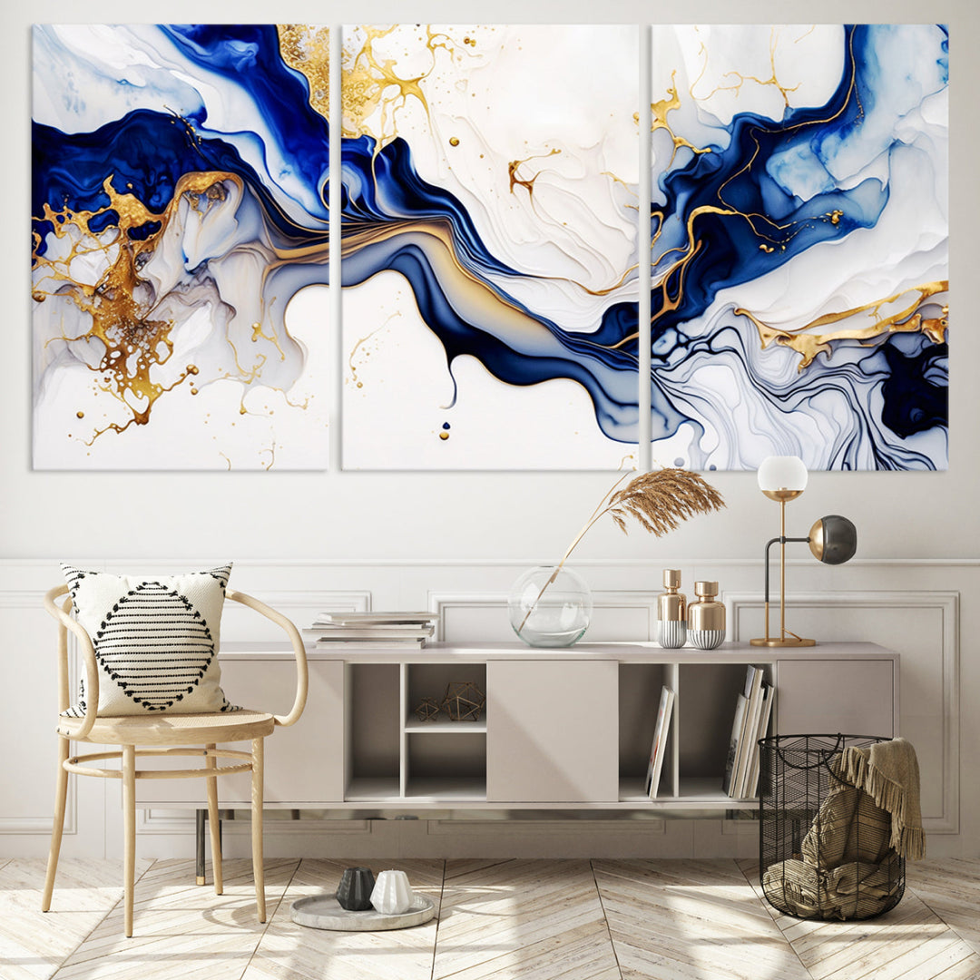 Abstract Blue Gold Marble Shape 3 Pieces Wall Art Canvas Print