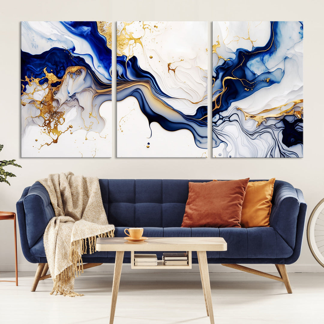 Abstract Blue Gold Marble Shape 3 Pieces Wall Art Canvas Print