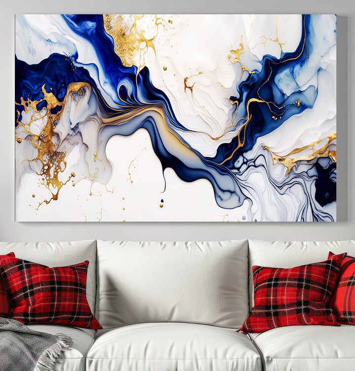 Abstract Blue Gold Marble Shape 3 Pieces Wall Art Canvas Print