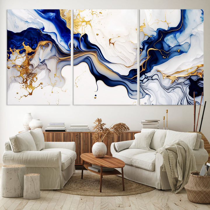 Abstract Blue Gold Marble Shape 3 Pieces Wall Art Canvas Print