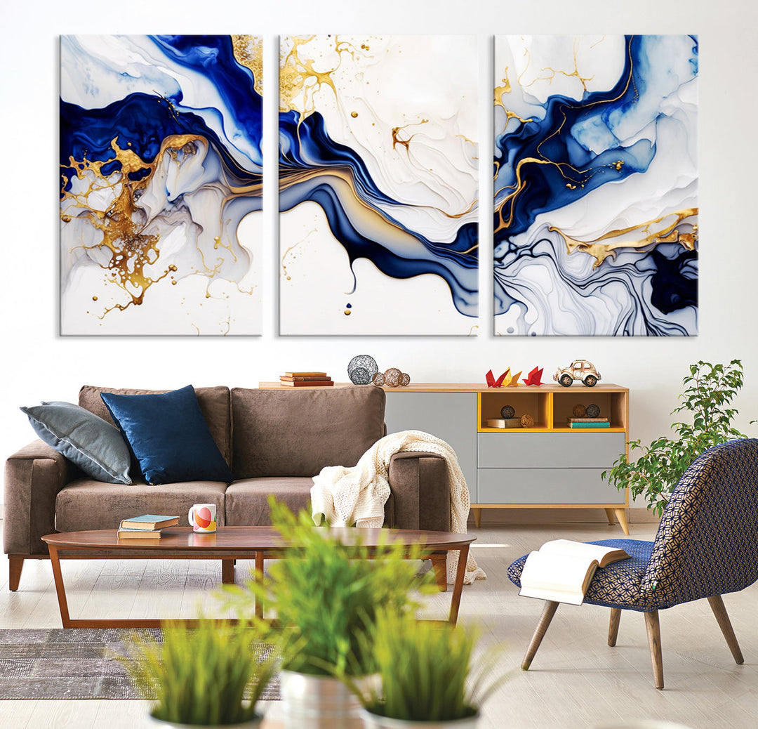 Abstract Blue Gold Marble Shape 3 Pieces Wall Art Canvas Print