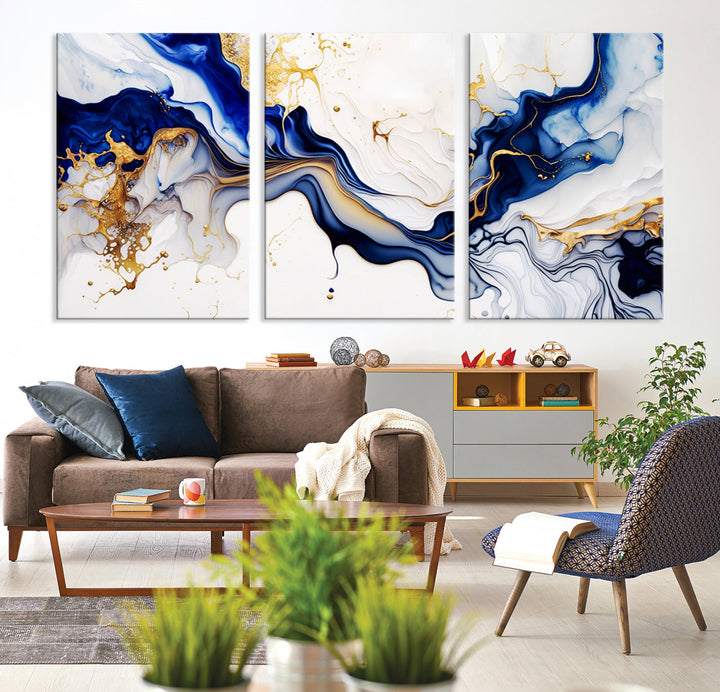 Abstract Blue Gold Marble Shape 3 Pieces Wall Art Canvas Print