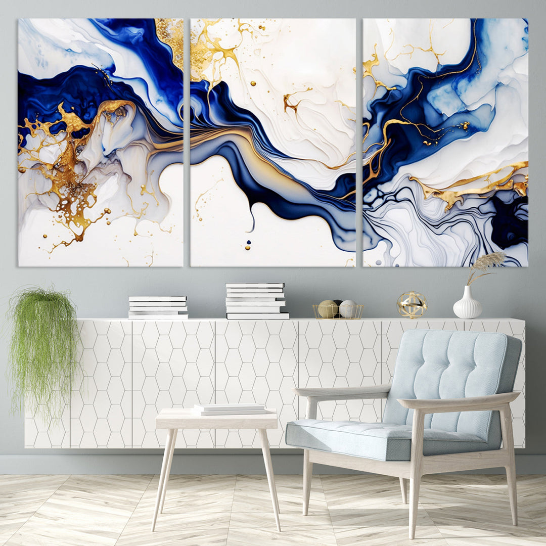 Abstract Blue Gold Marble Shape 3 Pieces Wall Art Canvas Print