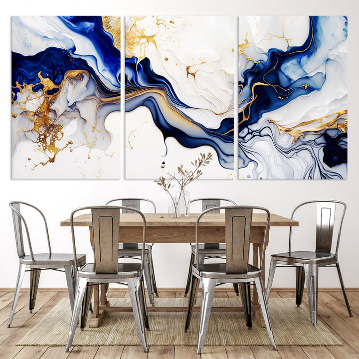 Abstract Blue Gold Marble Shape 3 Pieces Wall Art Canvas Print