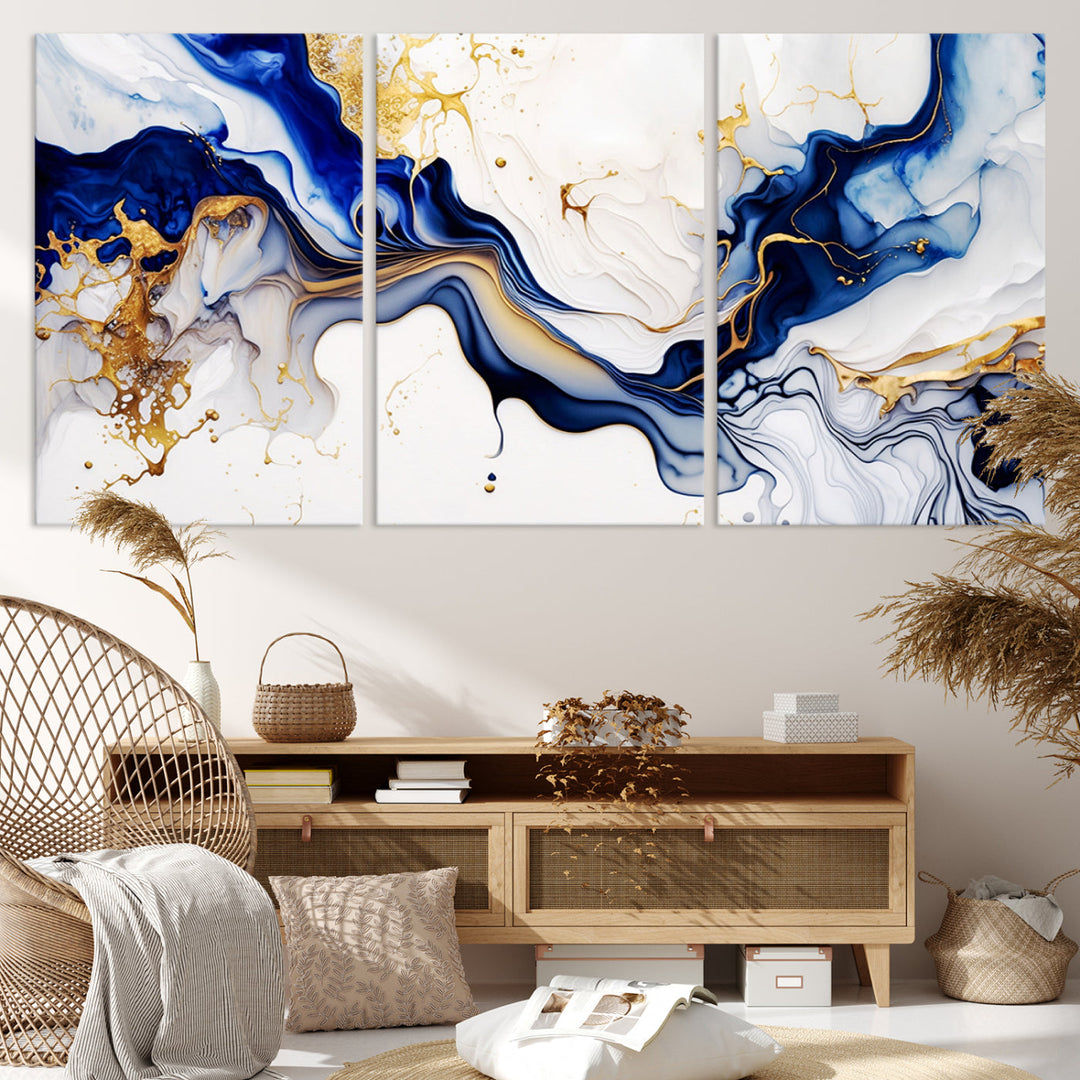 Abstract Blue Gold Marble Shape 3 Pieces Wall Art Canvas Print