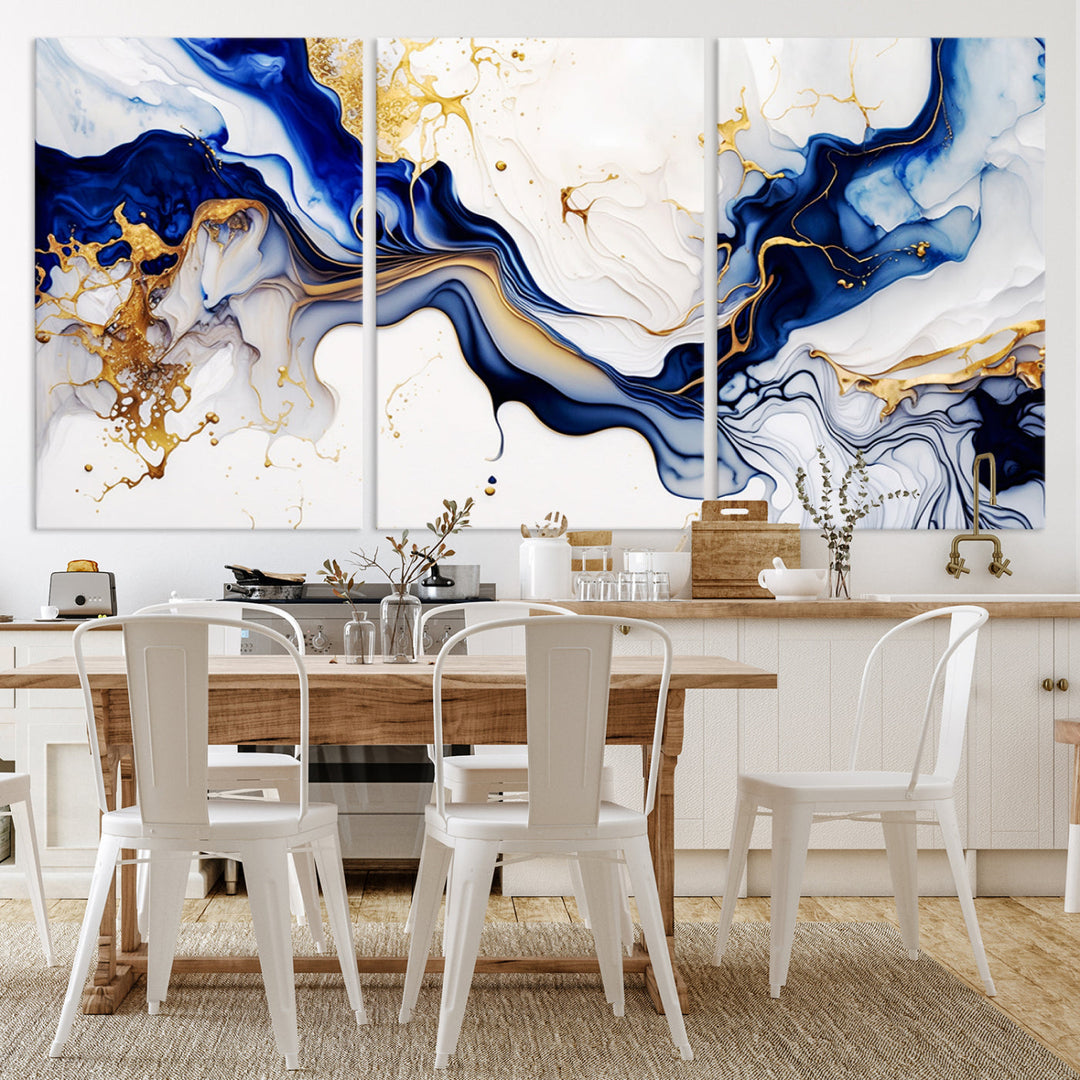 Abstract Blue Gold Marble Shape 3 Pieces Wall Art Canvas Print