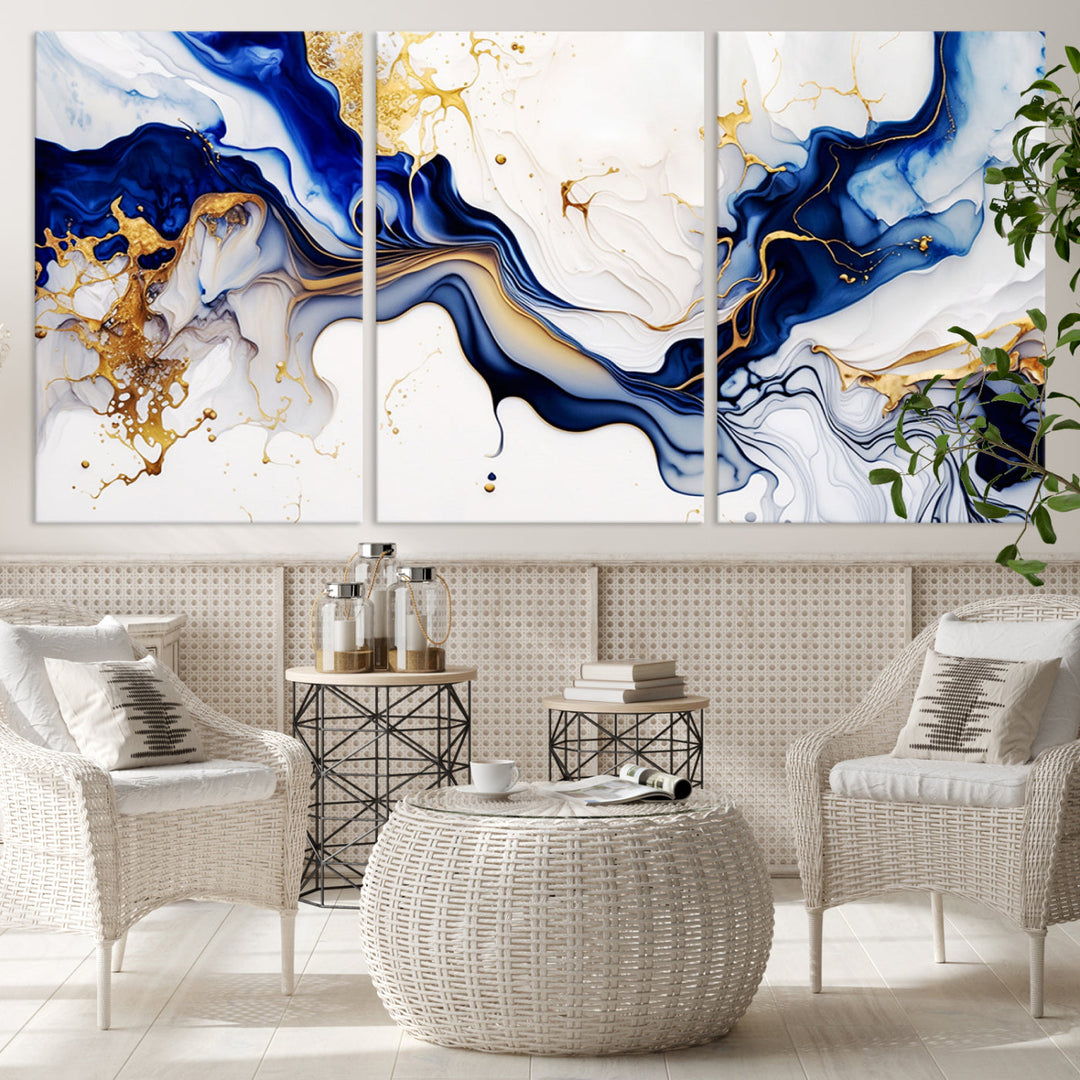 Abstract Blue Gold Marble Shape 3 Pieces Wall Art Canvas Print