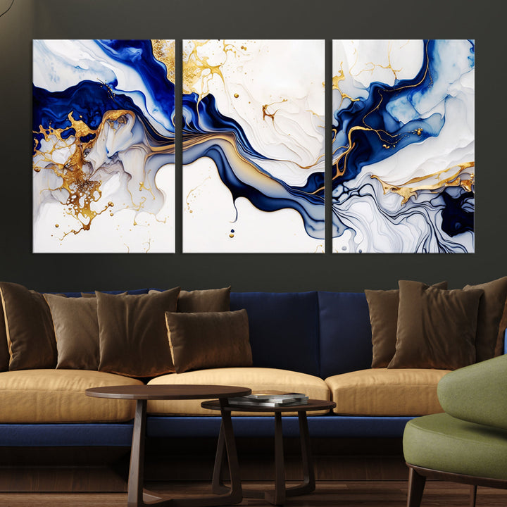 Abstract Blue Gold Marble Shape 3 Pieces Wall Art Canvas Print