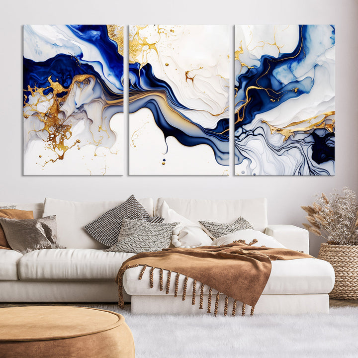 Abstract Blue Gold Marble Shape 3 Pieces Wall Art Canvas Print