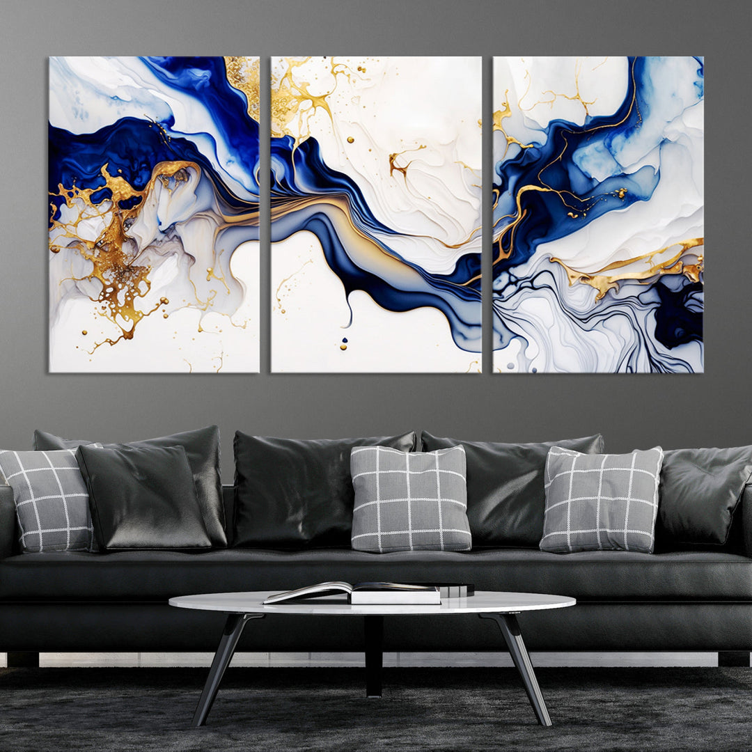 Abstract Blue Gold Marble Shape 3 Pieces Wall Art Canvas Print