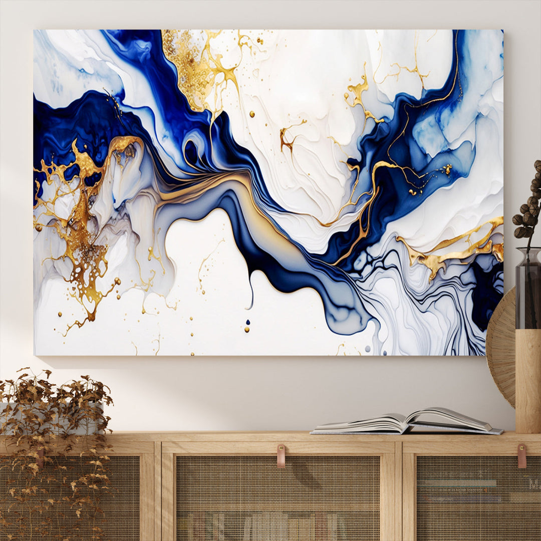 Abstract Blue Gold Marble Shape 3 Pieces Wall Art Canvas Print