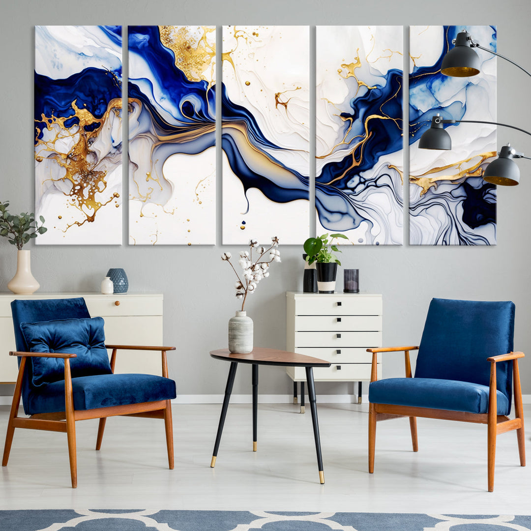 Abstract Blue Gold Marble Shape 3 Pieces Wall Art Canvas Print