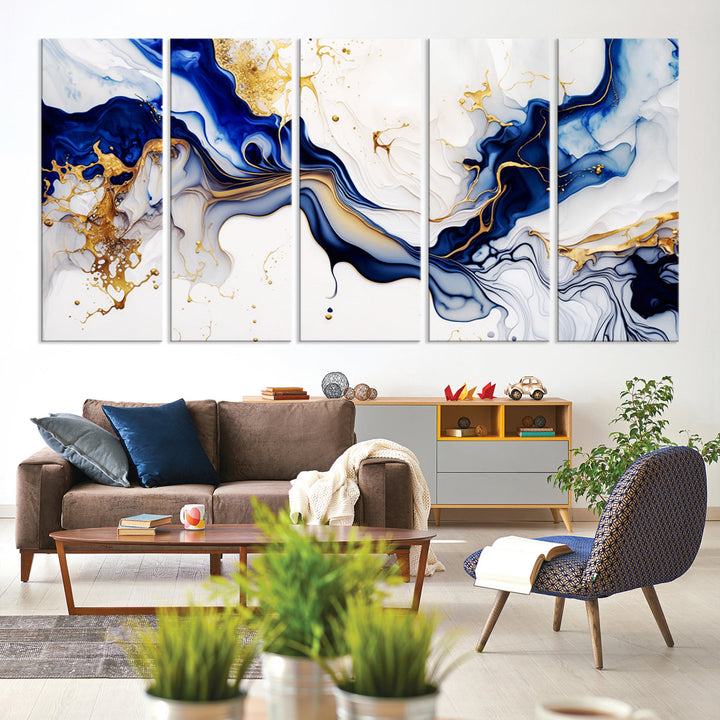 Abstract Blue Gold Marble Shape 3 Pieces Wall Art Canvas Print